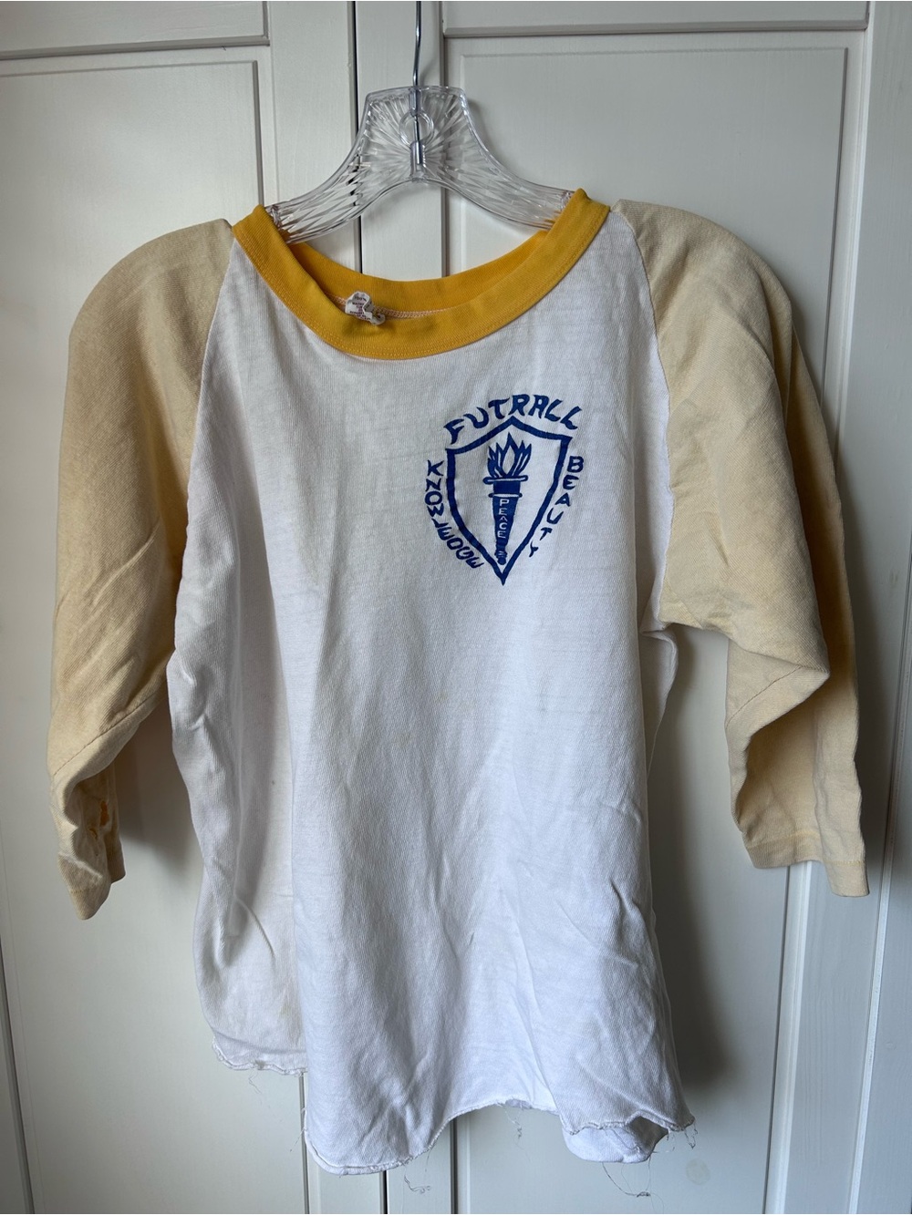 Russell Athletic White Tee with Cream Raglan Sleeves and Yellow Neck
